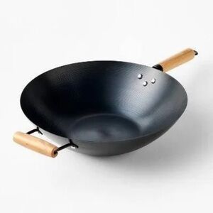 NEW Figmint Carbon Steel Dark Gray Wok Wooden Handles. 13.5 6 QT capacity